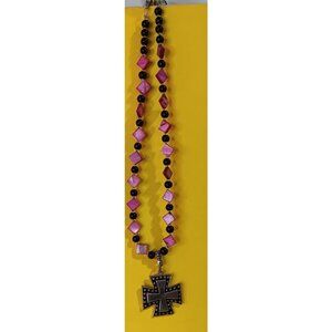 Womens Pink Rocker Cross Womens Necklace Choker Handmade Jewelry Glass Beads
